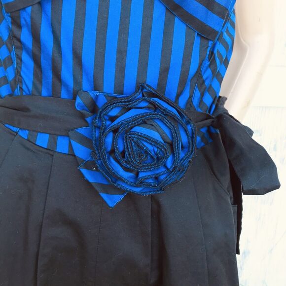 Anthropologie Chorus Girl Romper Maeve Black Blue Stripe Strapless Sz 6 M Retro - Picture 4 of 13
